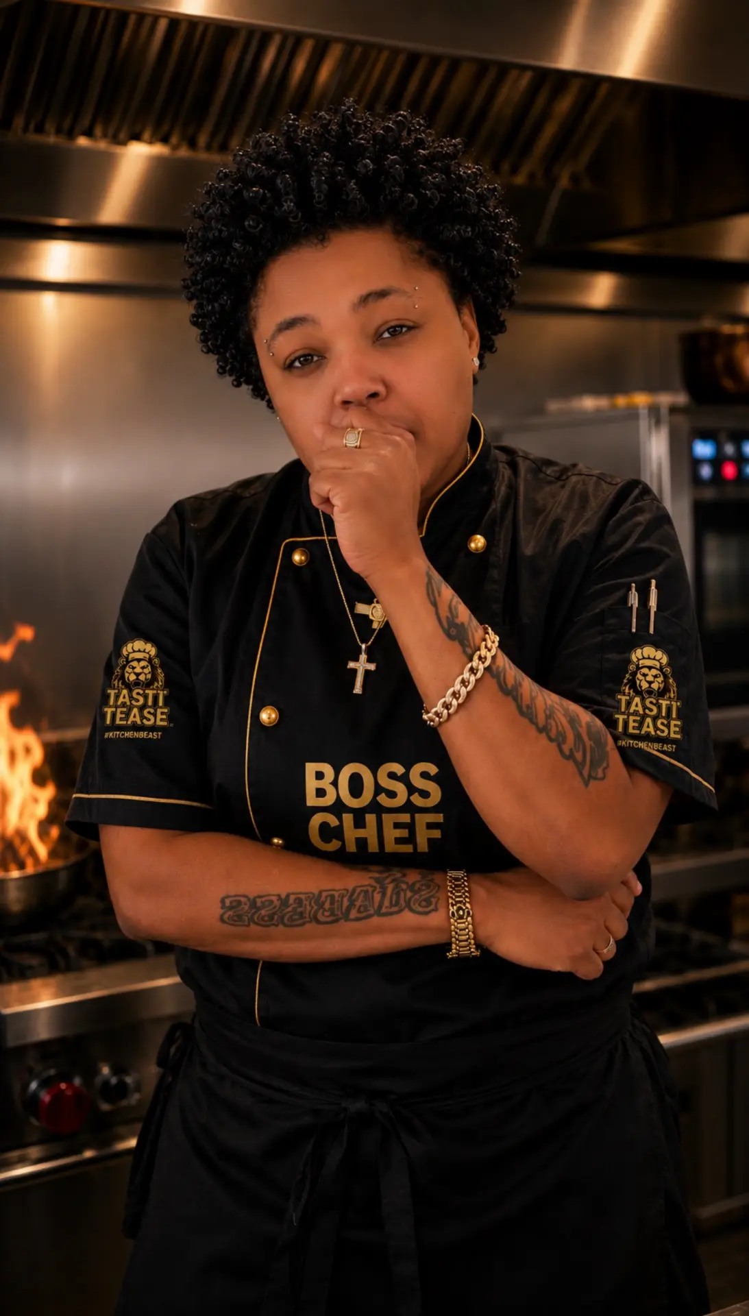 Chef Tee Anderson in her kitchen, wearing the Tasti Tease Boss Chef coat