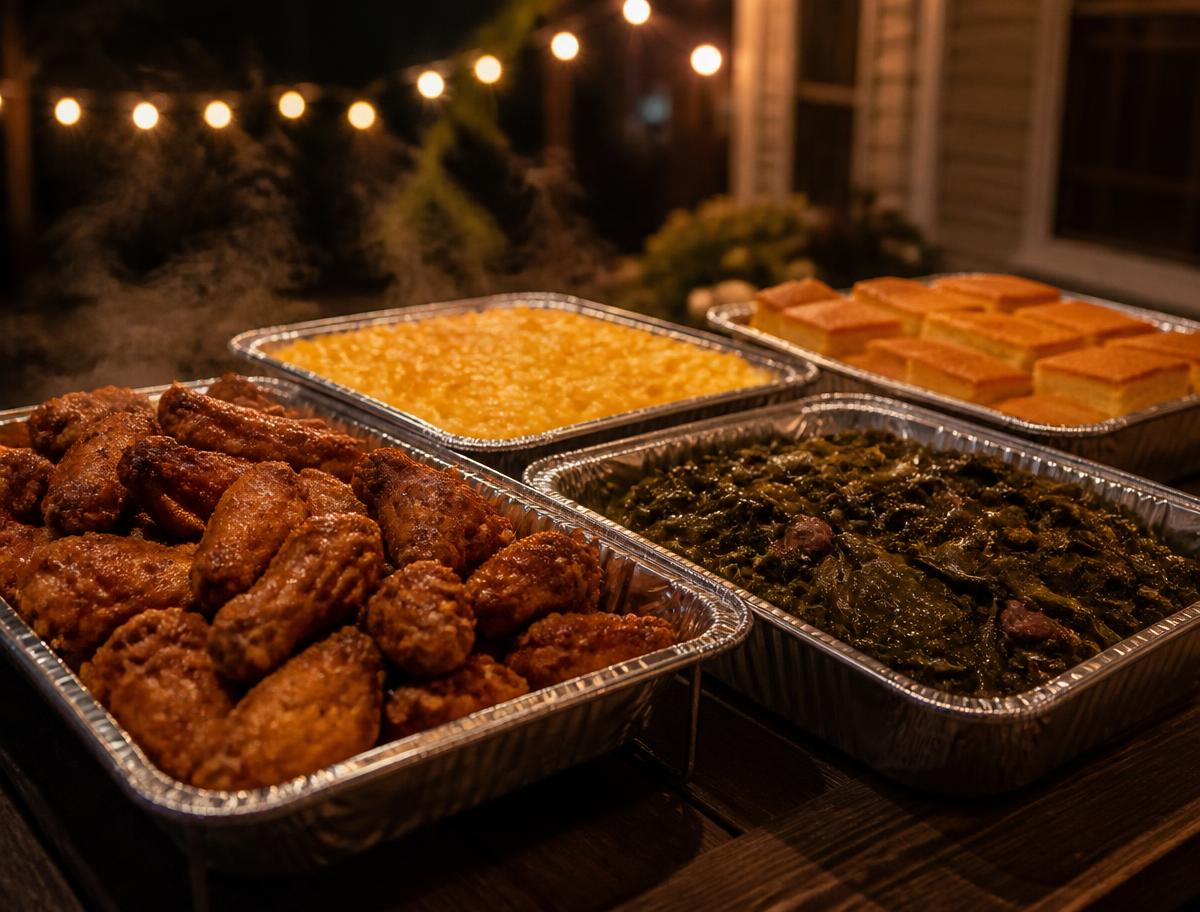 Foil pans of wings, mac and cheese, collards and cornbread on a table