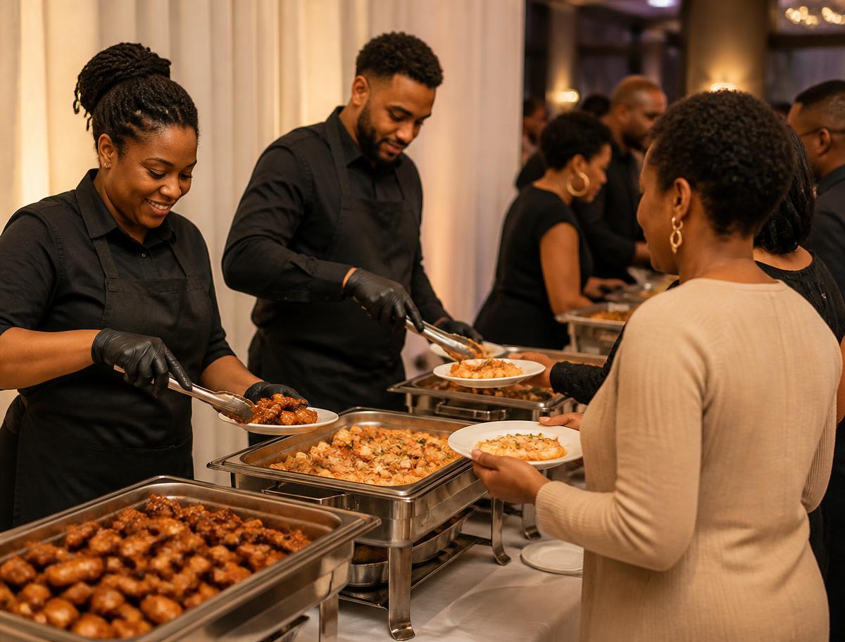 Staff serving wings and shrimp from chafing dishes at an event