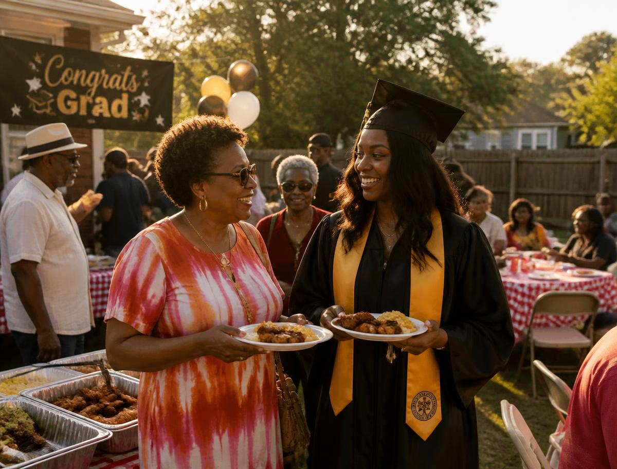 Guests at a graduation cookout holding plates of wings and sides